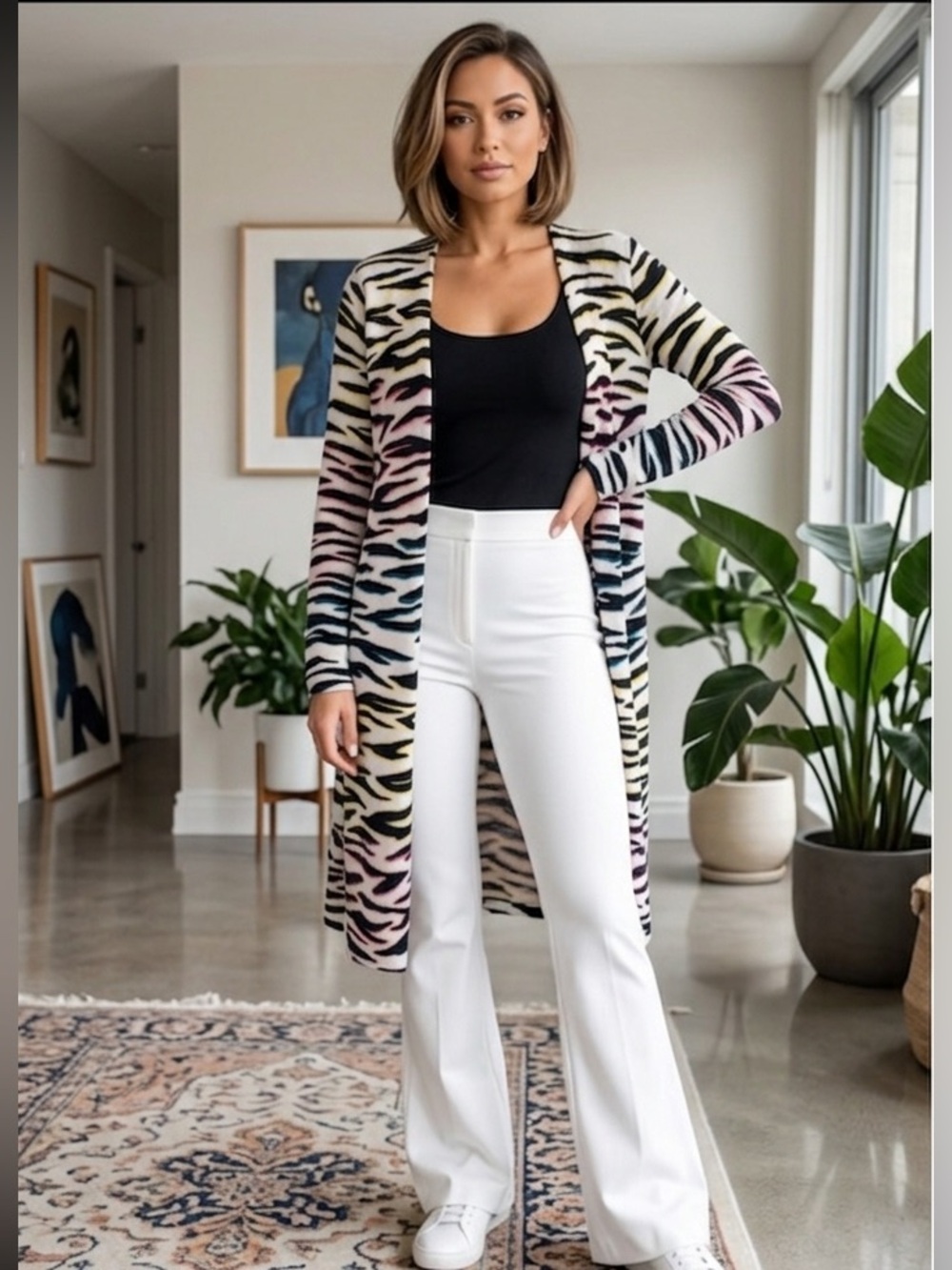 525 America, Zebra Print openfront long sleeved cotton cardigan. Size Small